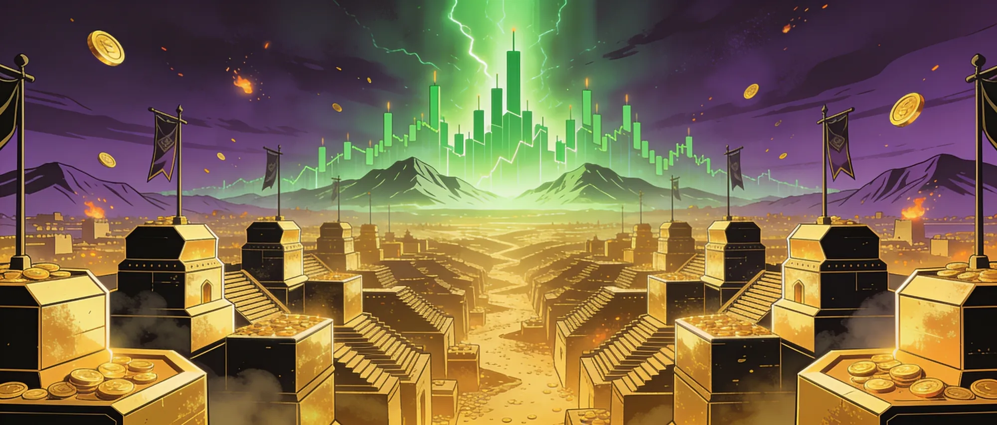 A vast golden kingdom of hexagonal towers under a purple sky and a green horizon