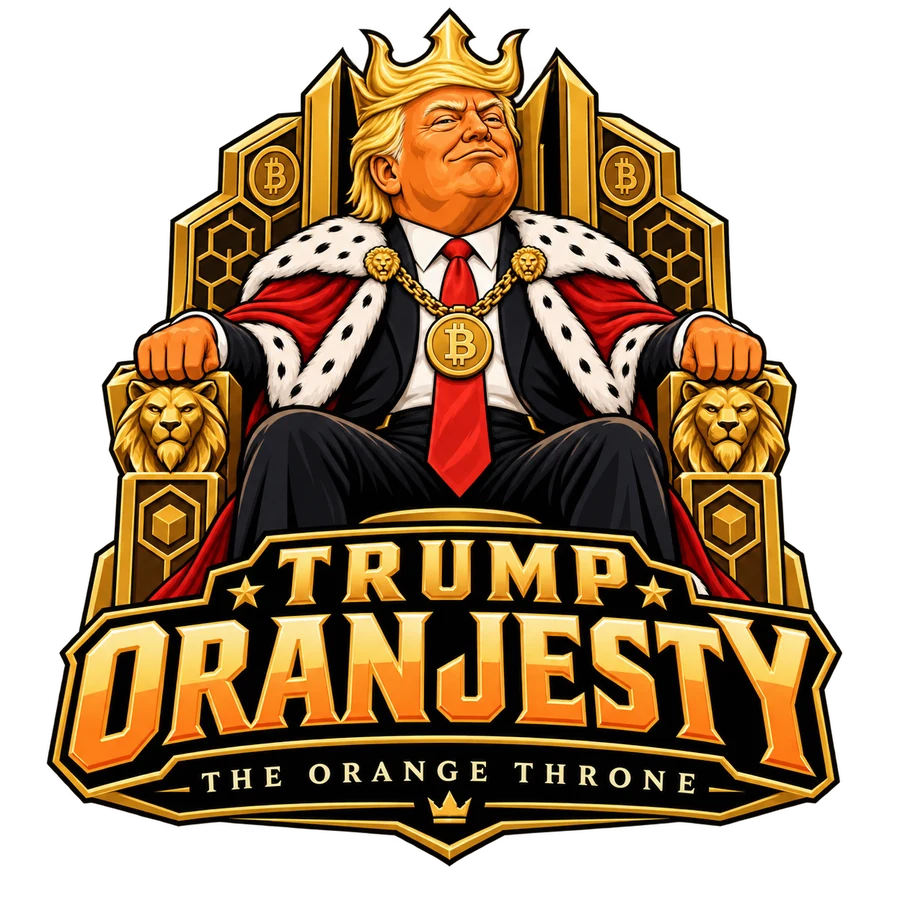 Trump Oranjesty — a crowned king seated on a golden throne flanked by lions, above the words The Orange Throne