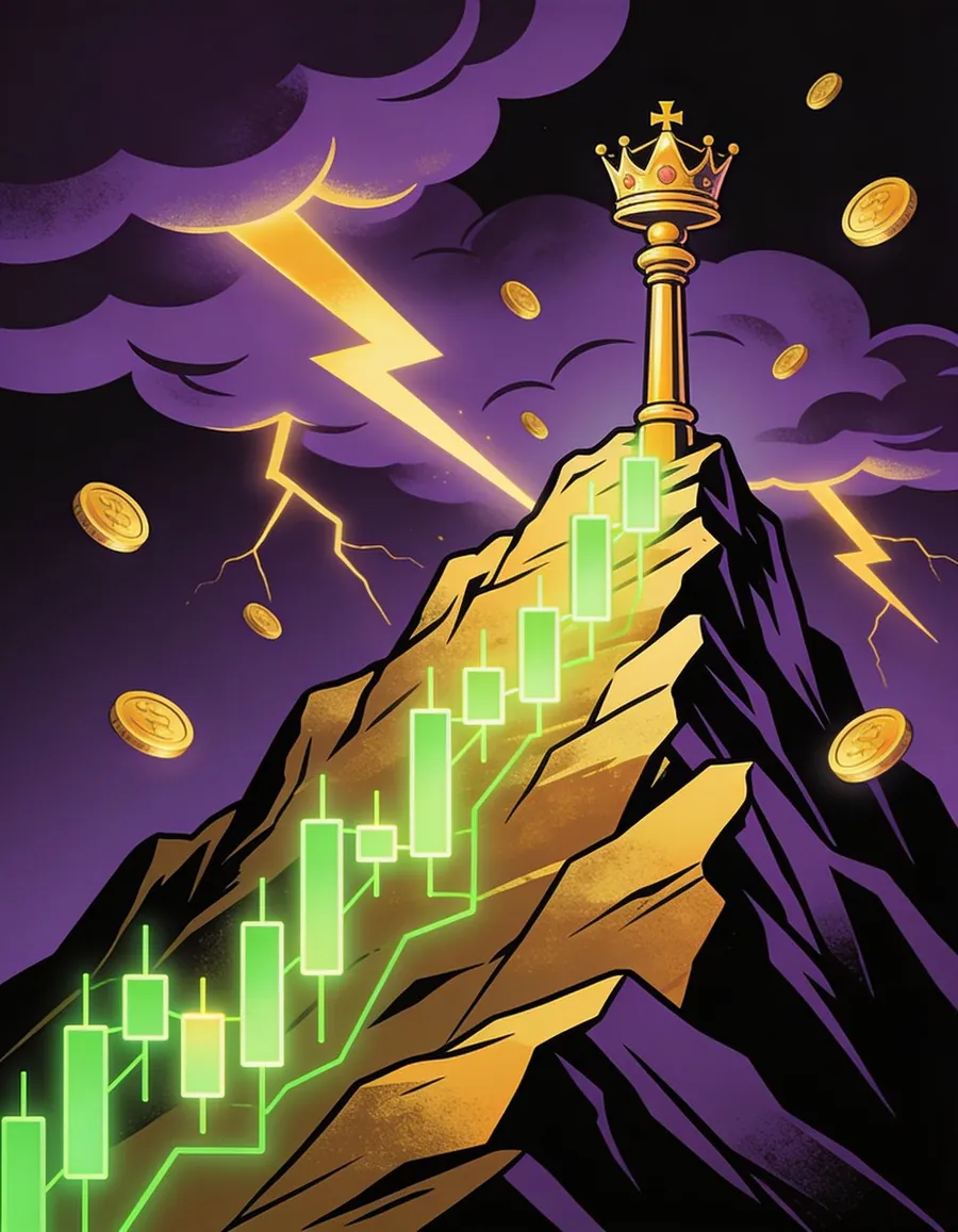A mountain range of glowing green candlestick bars with a golden scepter planted at the summit