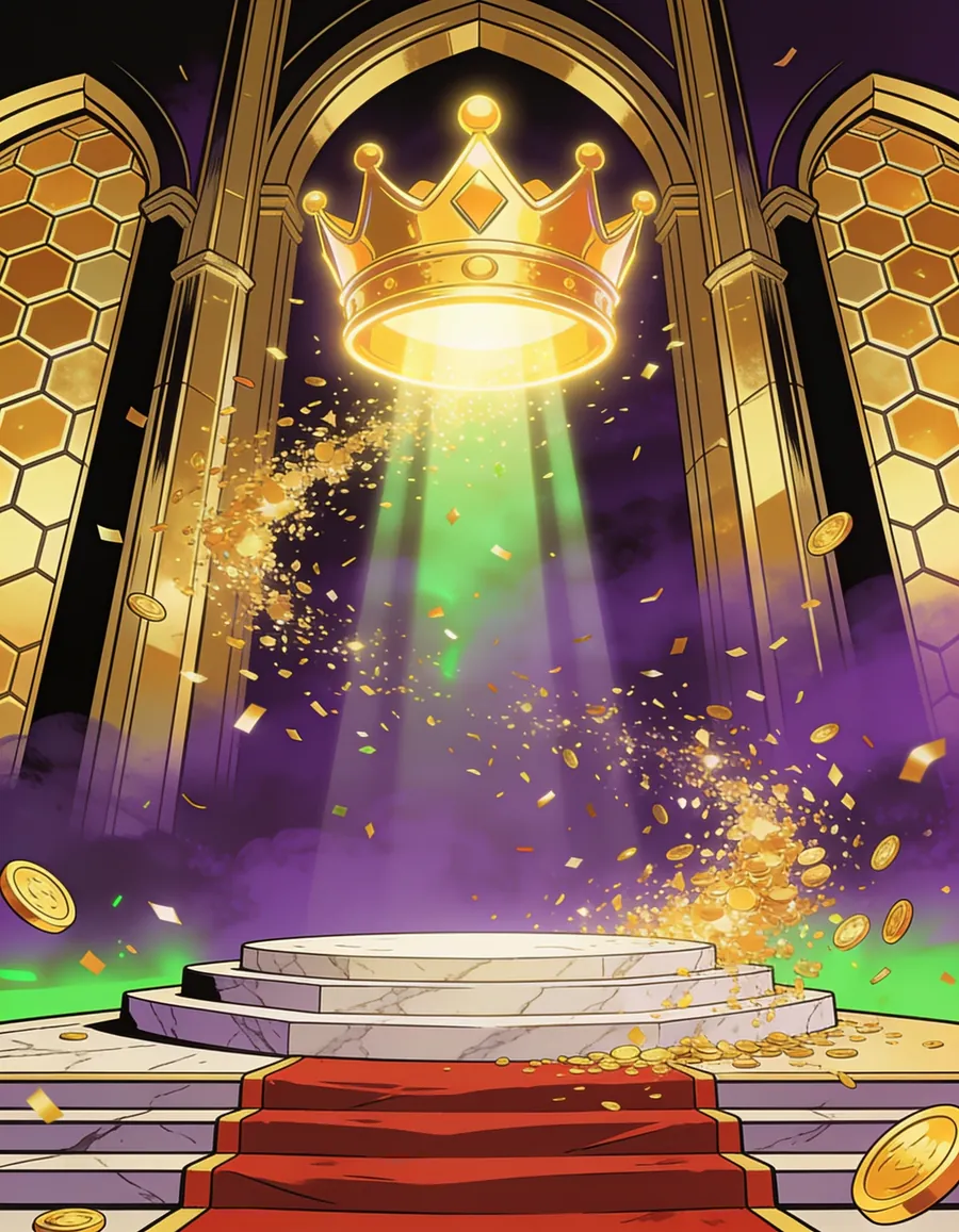 A giant golden crown descending on shafts of light onto an empty marble dais, gold confetti falling