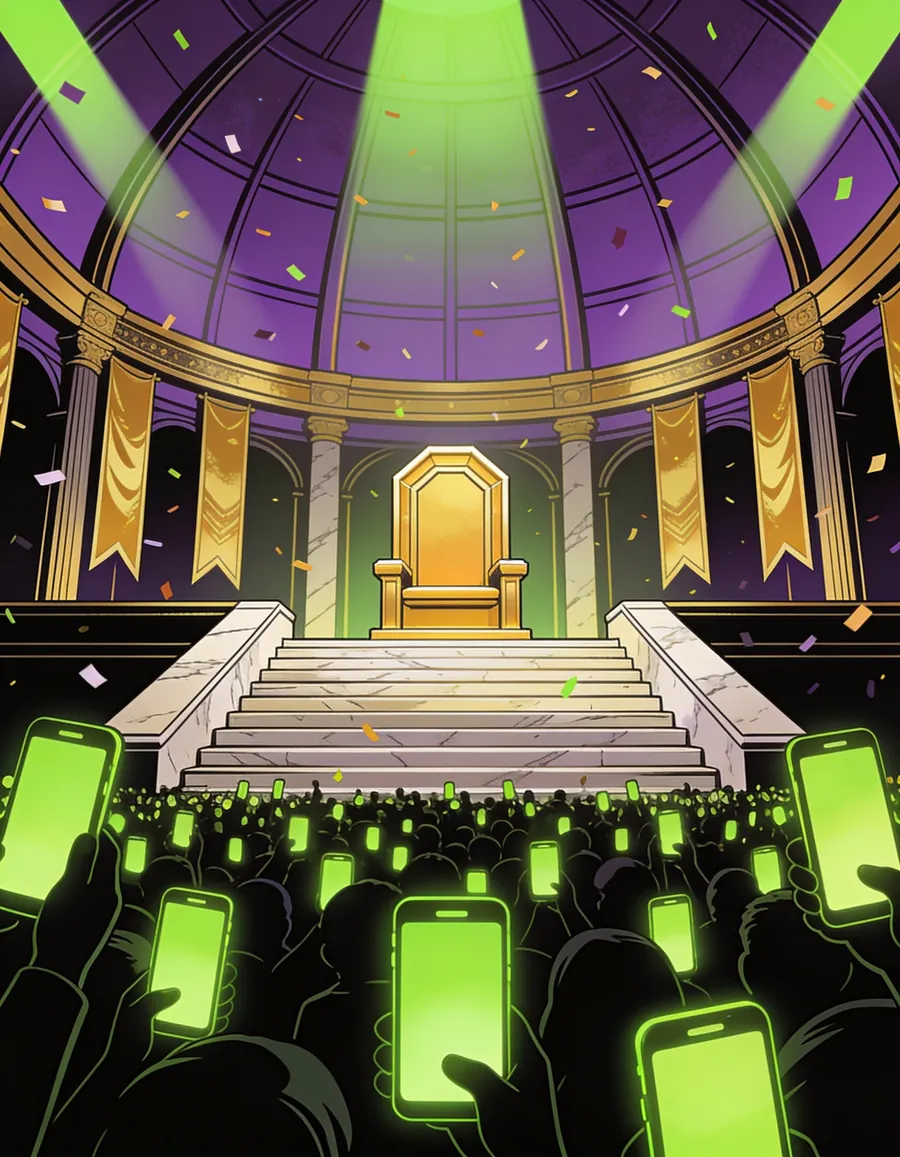 An empty golden throne above a dark crowd holding up a sea of glowing green phone screens