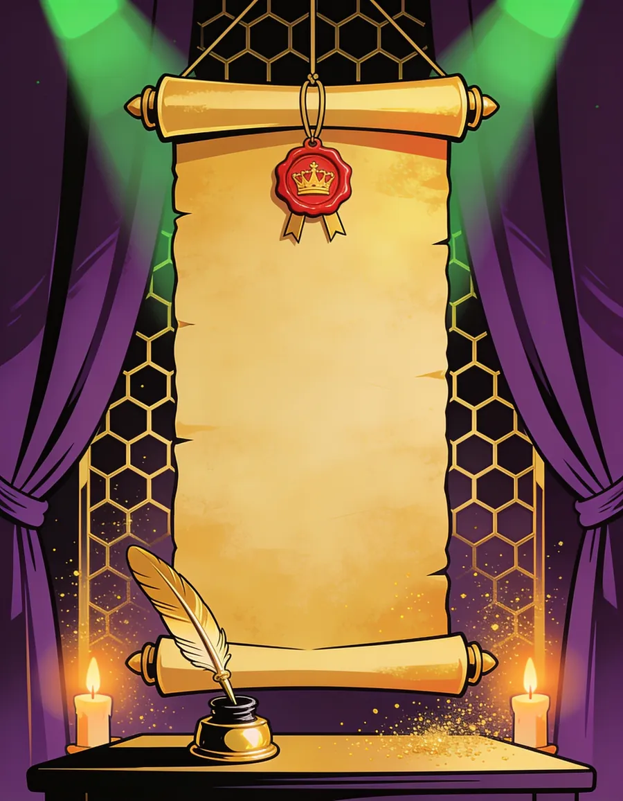 An unfurled golden parchment scroll with a red wax seal, a quill and inkpot below