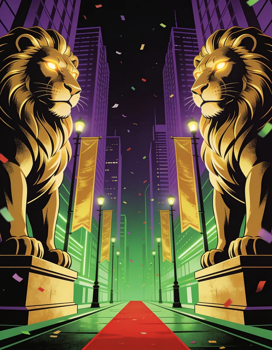 Two colossal golden lion statues guarding a neon green street lined with gold banners