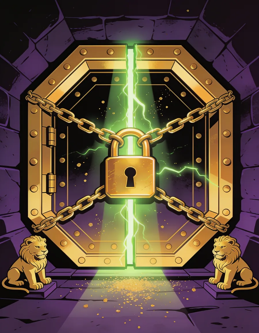 A hexagonal gold vault door chained and padlocked, green light glowing from its seams